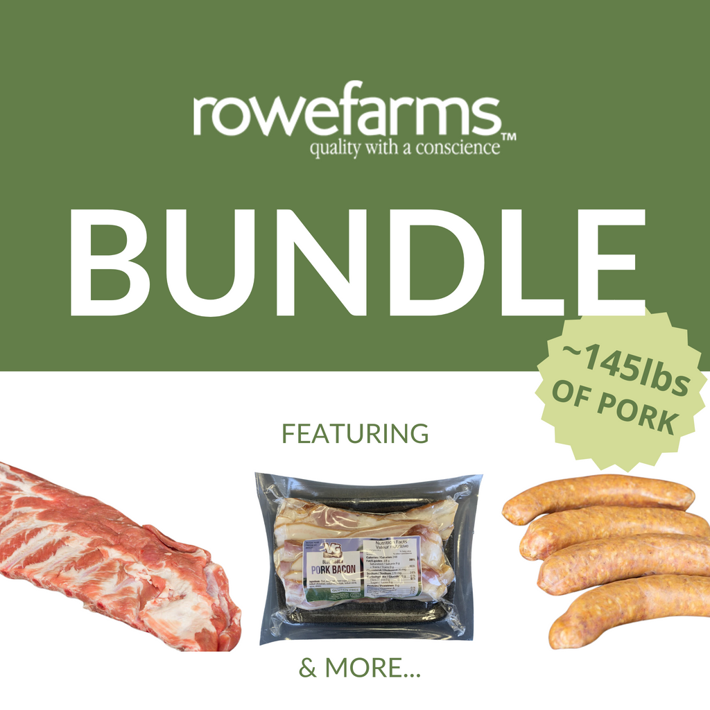 Rowefarms promotional image with pork products and text on a green background